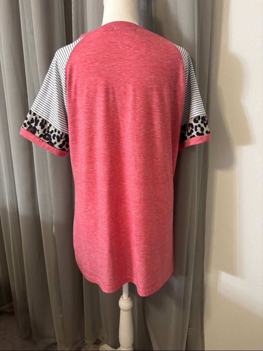 Coral Pink Short-Sleeve Raglan Tee with Striped & Leopard Trim - Picture 3 of 5